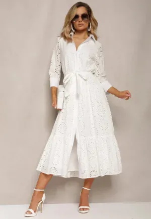 Women’s Midi Dress – Broderie Anglaise – Relaxed Fit – Belted Waist – Button Front – Collared