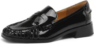 Women's Patent Leather Square Toe Pleated Chunky Heel Handmade Loafers Shoes