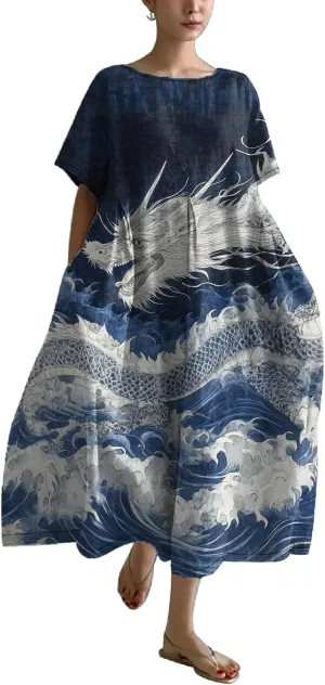 Women's Plus Size Boho Dress Japanese Art Summer Linen Maxi Dresses Dragon Casual Loose Flowy High Waist Midi Dress