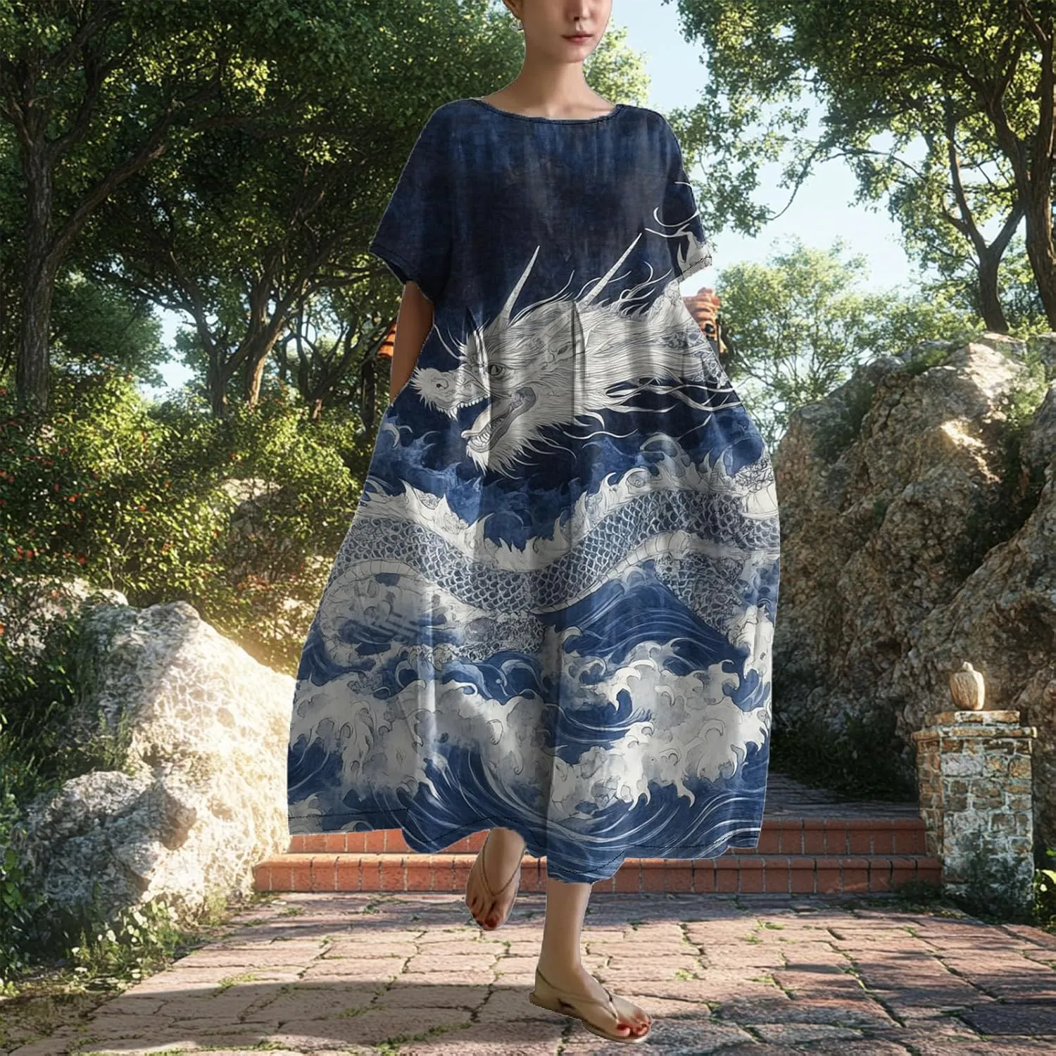 Women's Plus Size Boho Dress Japanese Art Summer Linen Maxi Dresses Dragon Casual Loose Flowy High Waist Midi Dress