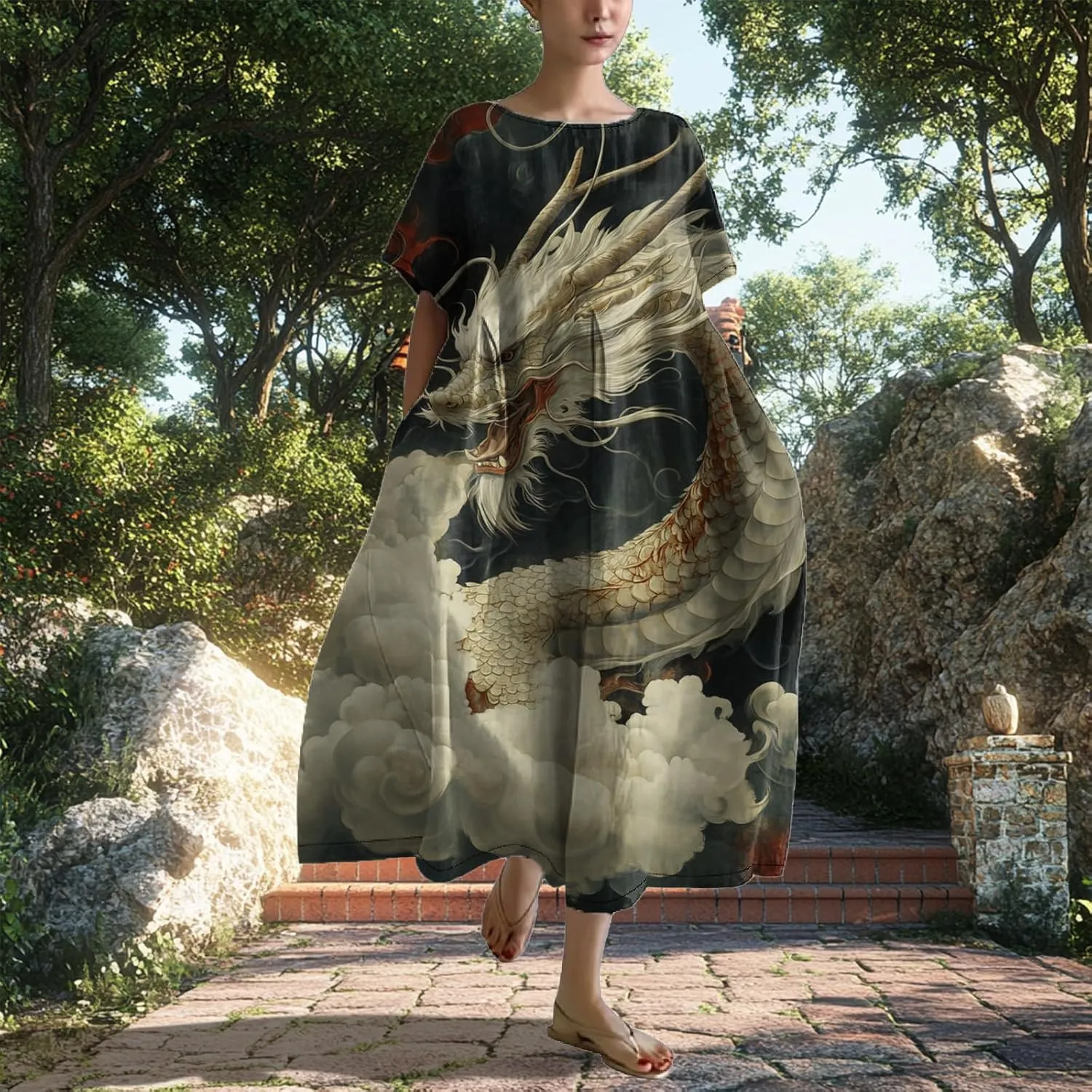 Women's Plus Size Boho Dress Japanese Art Summer Linen Maxi Dresses Dragon Casual Loose Flowy High Waist Midi Dress