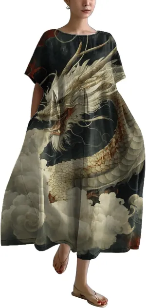 Women's Plus Size Boho Dress Japanese Art Summer Linen Maxi Dresses Dragon Casual Loose Flowy High Waist Midi Dress