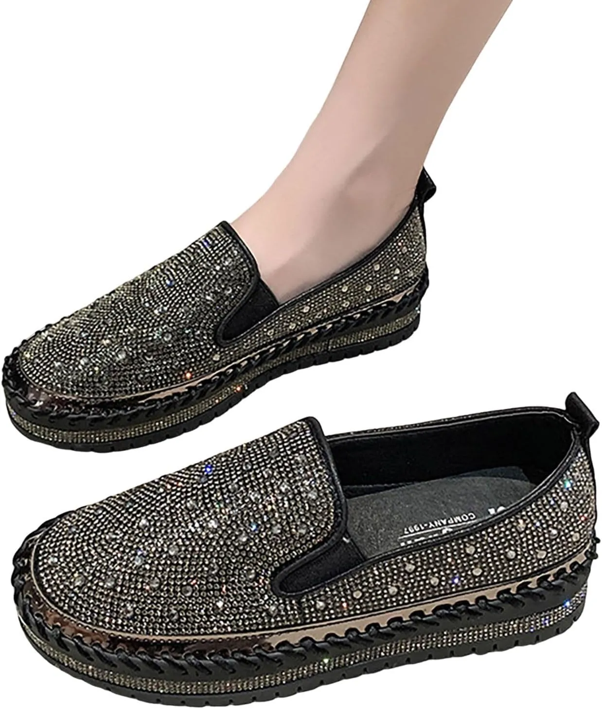 Women's Rhinestone Loafers Soft Thick Bottom Sparkly Banquet Shoes Cushioned Slip-On Ballet Casual Shoes for Men with