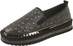 Women's Rhinestone Loafers Soft Thick Bottom Sparkly Banquet Shoes Cushioned Slip-On Ballet Casual Shoes for Men with