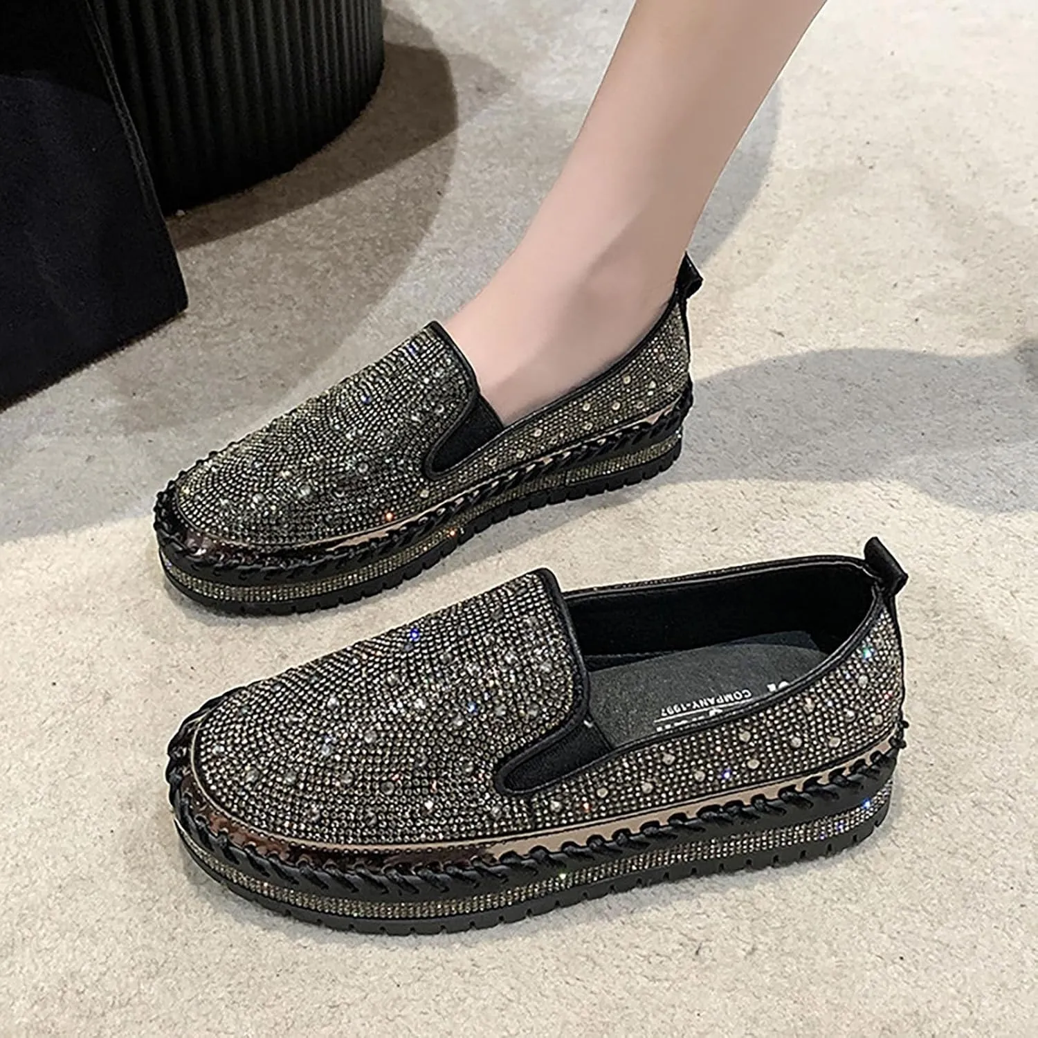 Women's Rhinestone Loafers Soft Thick Bottom Sparkly Banquet Shoes Cushioned Slip-On Ballet Casual Shoes for Men with