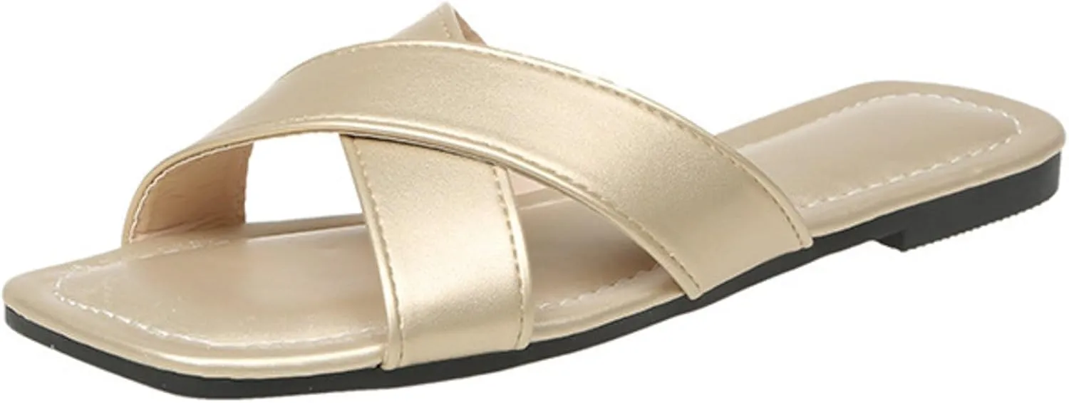 Womens Sandals Comfortable Wide Leather Crisscross Summer Square Toe Flat Slide Sandals