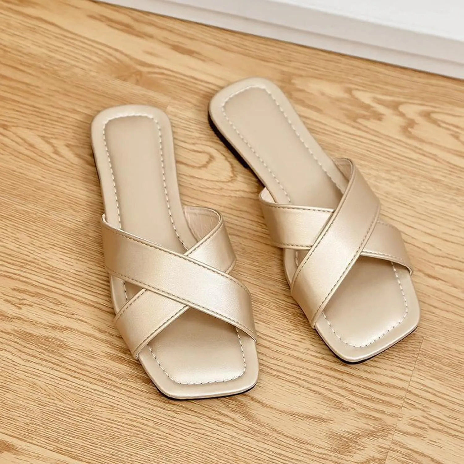 Womens Sandals Comfortable Wide Leather Crisscross Summer Square Toe Flat Slide Sandals