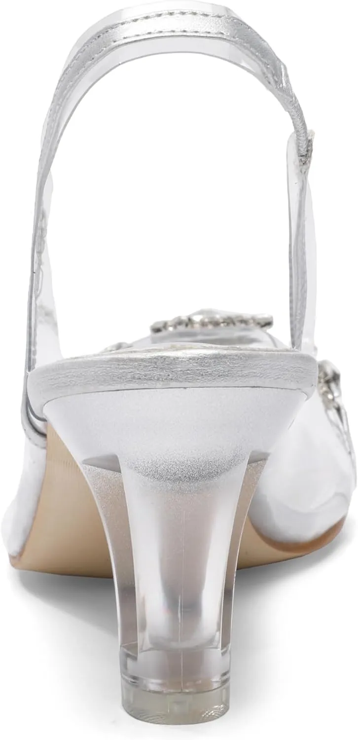 Womens Sparkly Clear Slingback Summer Sandals,Ladies Low Heel Trendy Dressy Casual Rhinestones Sexy Short Heel Glitter Evening Party Bridal Wedding Shoe