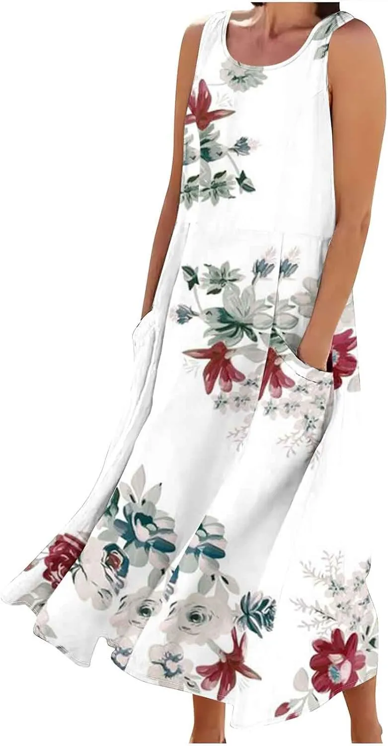 Womens Spring Summer Dresses Casual Round Neck Pleated Solid Color Beach Dress Swing Pleated Casual Vacation Dresses