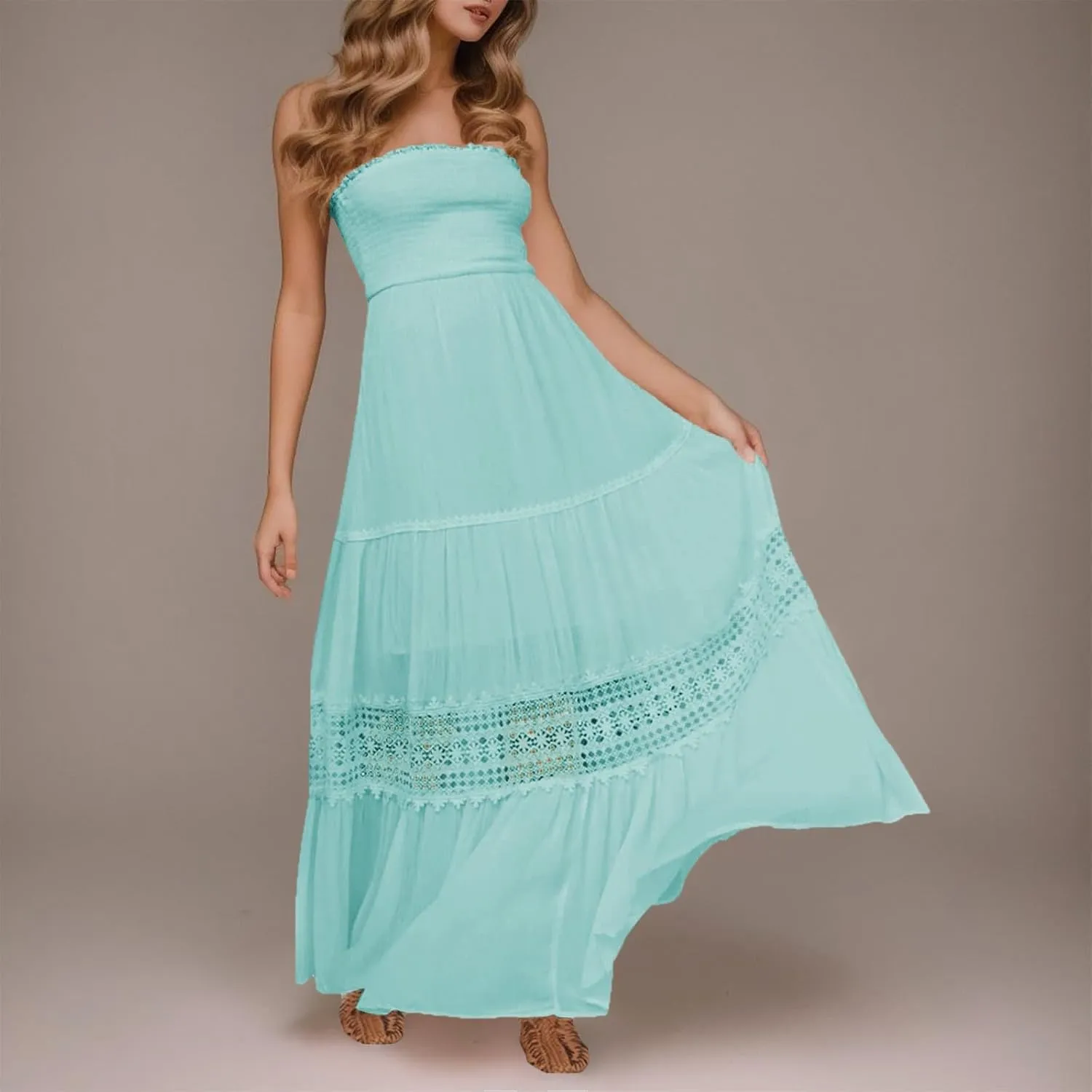 Women's Summer Bohemian Strapless Tube Dress Off Shoulder Lace Trim Backless Flowy A Line Beach Long Maxi Sundress