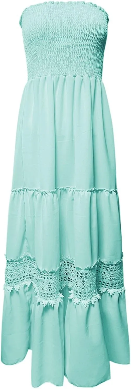Women's Summer Bohemian Strapless Tube Dress Off Shoulder Lace Trim Backless Flowy A Line Beach Long Maxi Sundress