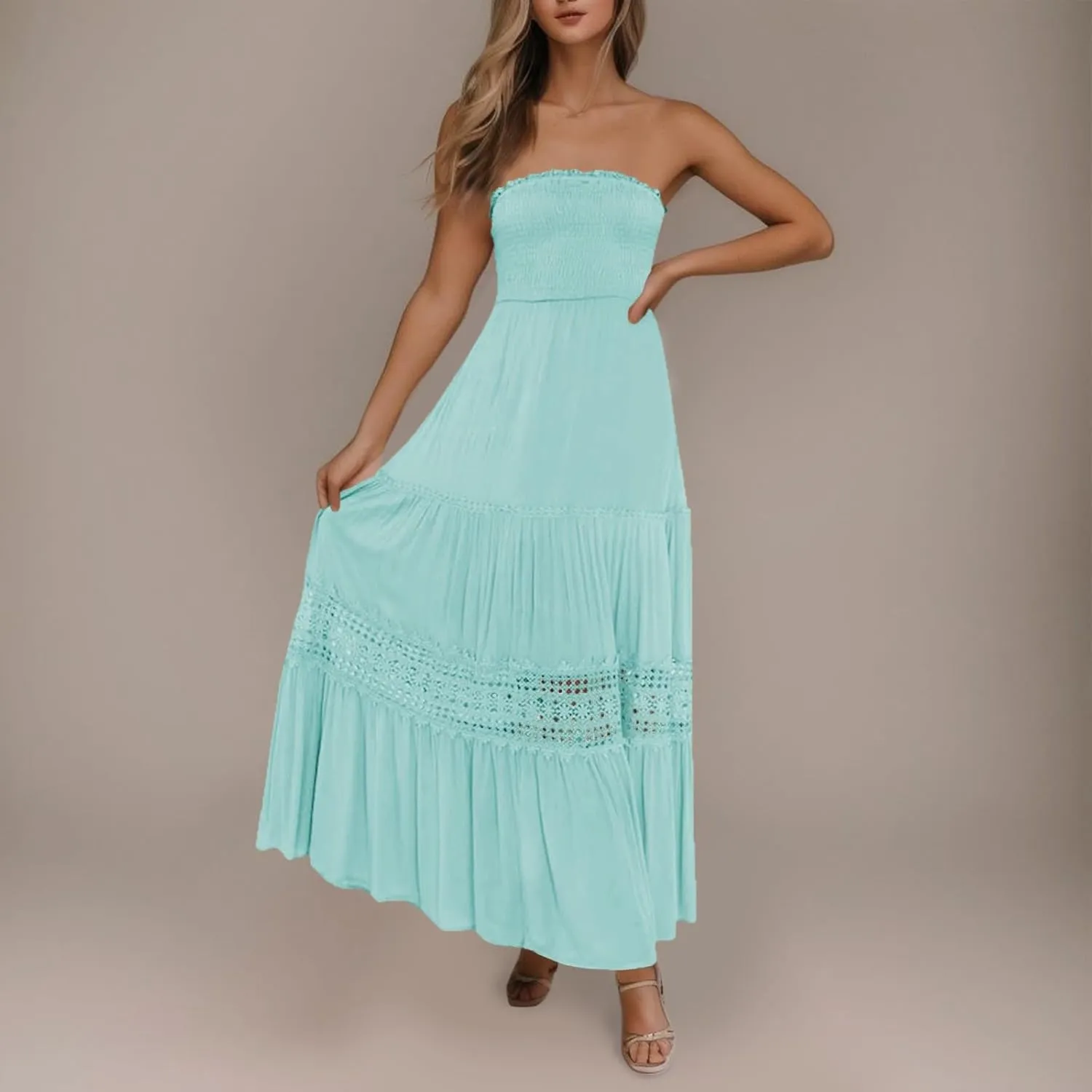 Women's Summer Bohemian Strapless Tube Dress Off Shoulder Lace Trim Backless Flowy A Line Beach Long Maxi Sundress