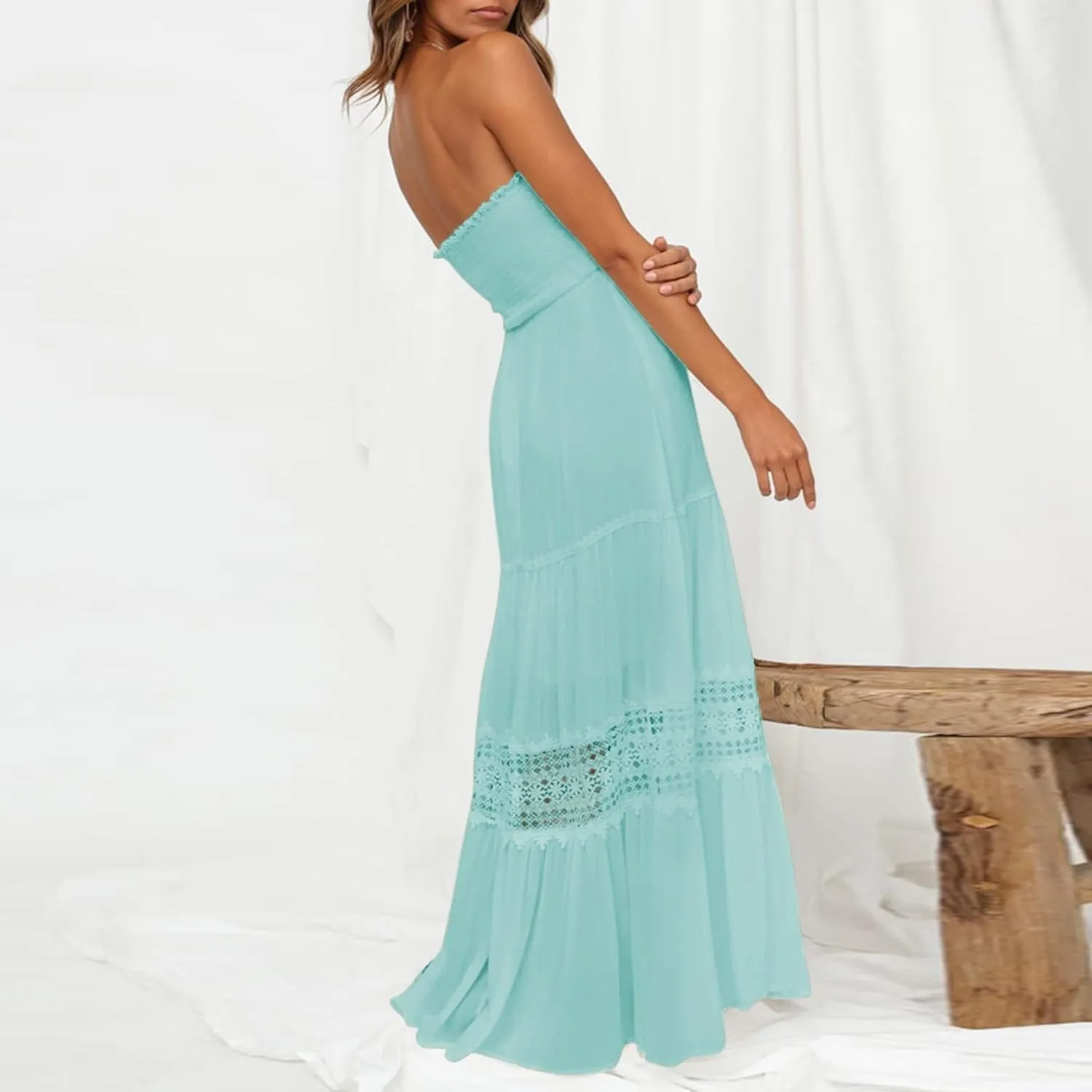 Women's Summer Bohemian Strapless Tube Dress Off Shoulder Lace Trim Backless Flowy A Line Beach Long Maxi Sundress