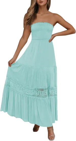 Women's Summer Bohemian Strapless Tube Dress Off Shoulder Lace Trim Backless Flowy A Line Beach Long Maxi Sundress