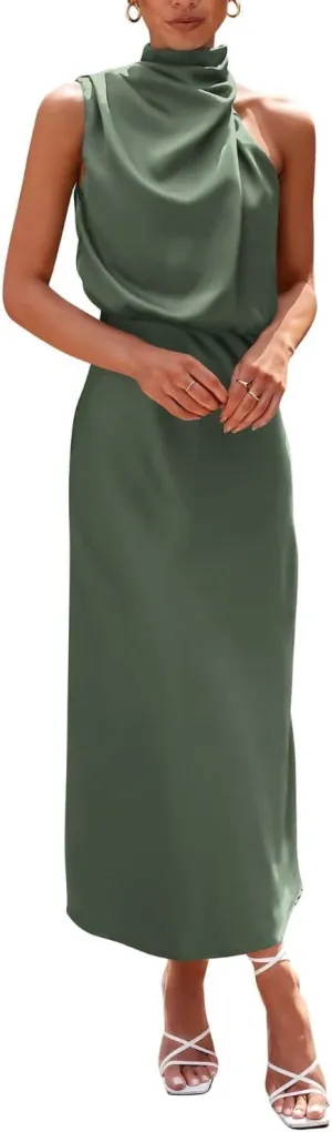 Women's Summer Country Vacation Dress Wedding Guest Mock Neck Sundress Semi Formal Sleeveless Midi Dress