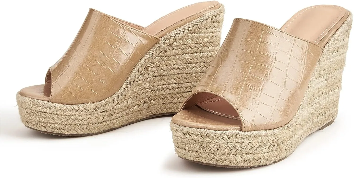 Women's Summer Platform Wedge Sandals, Retro Crocodile Pattern Hemp Rope Bottom Fish Mouth Women's Fashion Sandals