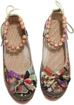 Women's Tribal Flower Platform Mules - Closed Toe Wedge Slides Sandals.Retro Ethnic Style Canvas Loafers & Slip-Ons