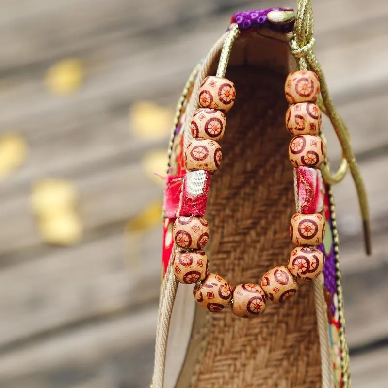 Women's Tribal Flower Platform Mules - Closed Toe Wedge Slides Sandals.Retro Ethnic Style Canvas Loafers & Slip-Ons