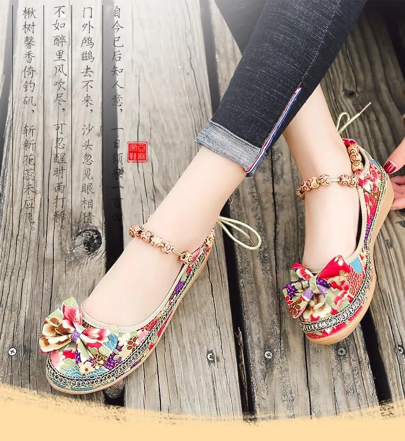 Women's Tribal Flower Platform Mules - Closed Toe Wedge Slides Sandals.Retro Ethnic Style Canvas Loafers & Slip-Ons