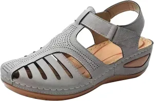 Womens Vintage Hollow Wedge Sandals Summer Casual Closed Toe Soft PU Leather Hook and Loop Non-Slip Platform Sandals Lightweight Comfy Beach Shoes