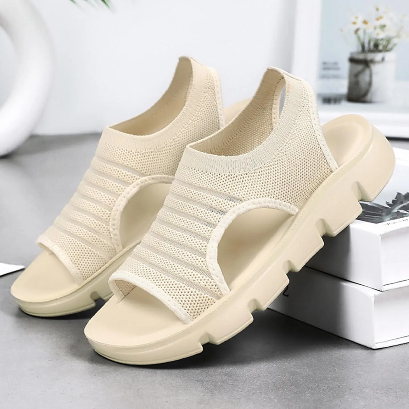 Women's Walking Sandals Comfortable Slip-On Mesh Beach Sandals Lightweight Open-Toe Summer Shoes