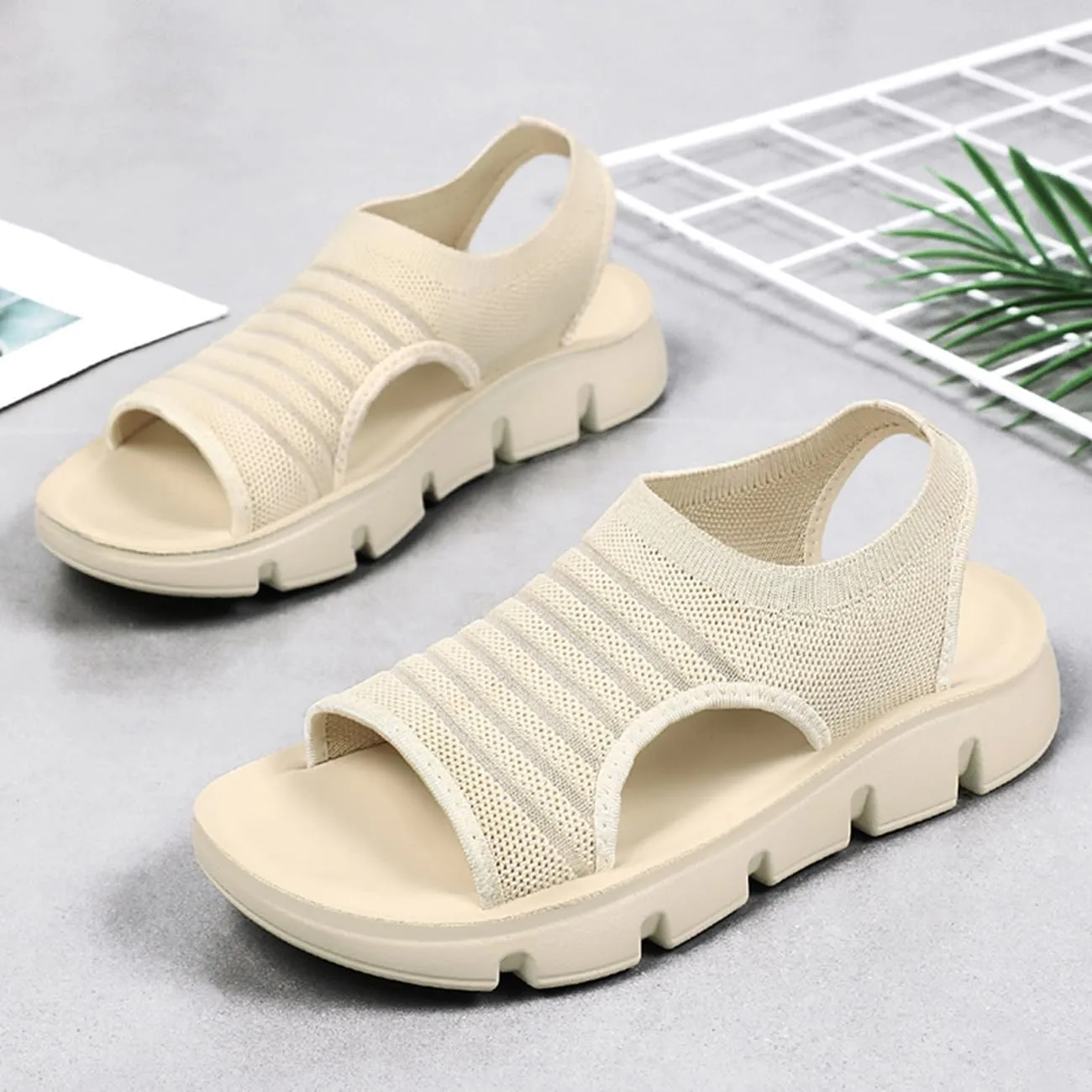 Women's Walking Sandals Comfortable Slip-On Mesh Beach Sandals Lightweight Open-Toe Summer Shoes