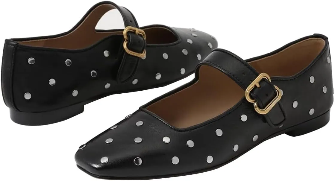 XYD Women Comfy Closed Square Toe Mary Jane Flats Low Heel Single Strap Buckled Outdoor Casual Dress Shoes