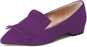XYD Women Vintage Fringe Dress Flats Pointy Closed Toe Slip Ons Driver Loafers Chunky Low Heel Casual Shoes