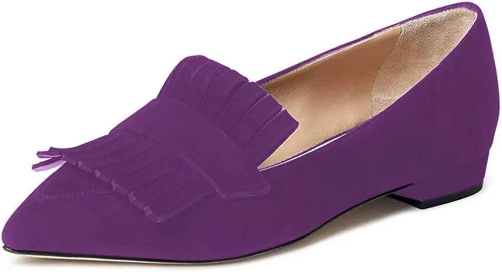 XYD Women Vintage Fringe Dress Flats Pointy Closed Toe Slip Ons Driver Loafers Chunky Low Heel Casual Shoes