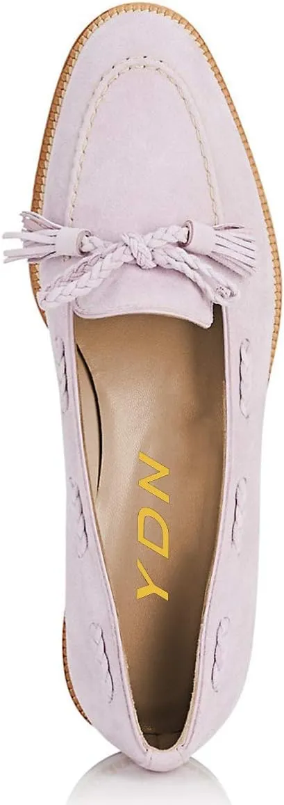 YDN Women Casual Round Toe Low Heels Loafers Fringes Flat Slip on Pumps Braid Shoe