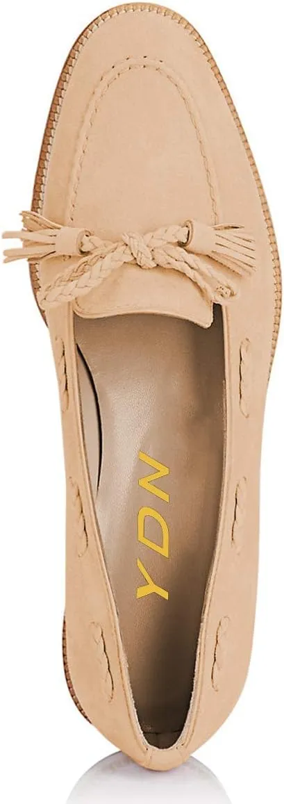 YDN Women Casual Round Toe Low Heels Loafers Fringes Flat Slip on Pumps Braid Shoe