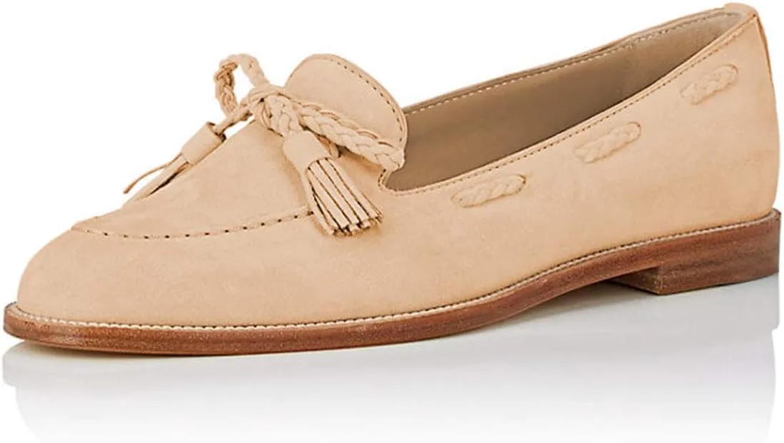 YDN Women Casual Round Toe Low Heels Loafers Fringes Flat Slip on Pumps Braid Shoe