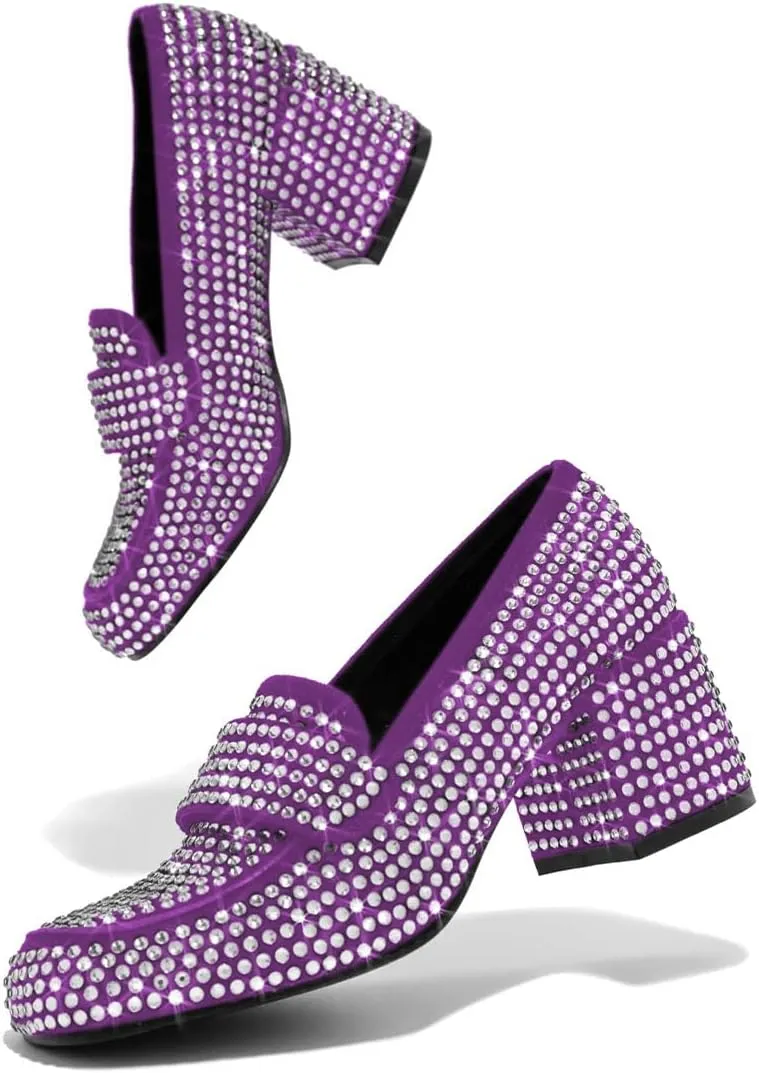 YDN Women Square Toe Studded Pumps Block Low Heel Loafers Rhinestone Shinning Dance Party Shoes Size 4-15 US