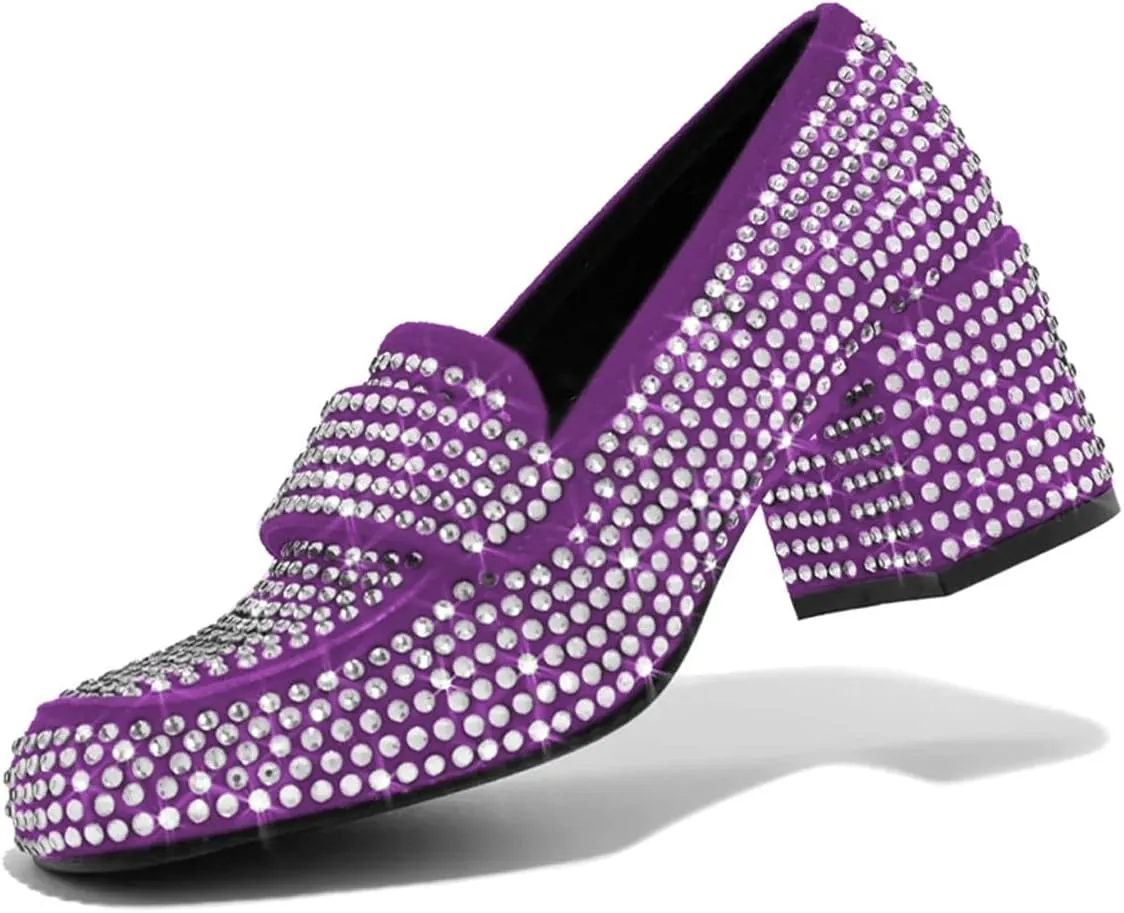 YDN Women Square Toe Studded Pumps Block Low Heel Loafers Rhinestone Shinning Dance Party Shoes Size 4-15 US