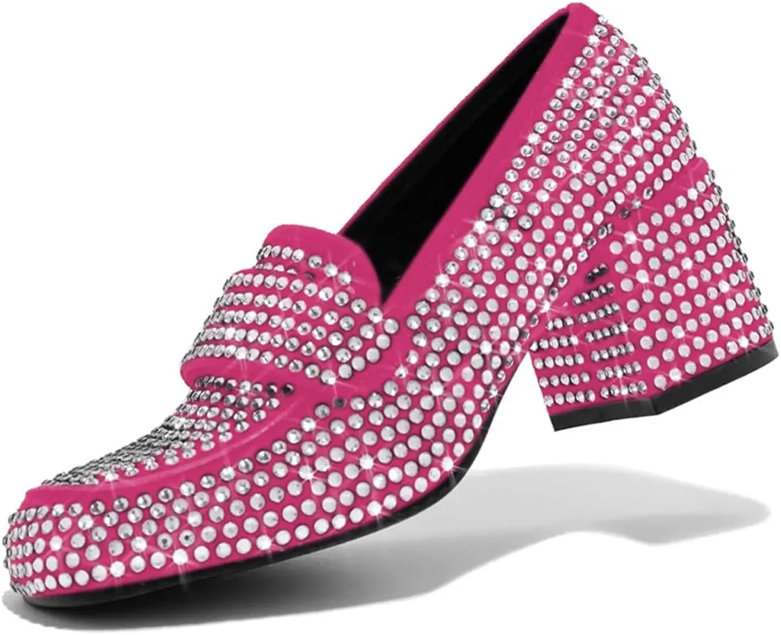 YDN Women Square Toe Studded Pumps Block Low Heel Loafers Rhinestone Shinning Dance Party Shoes Size 4-15 US