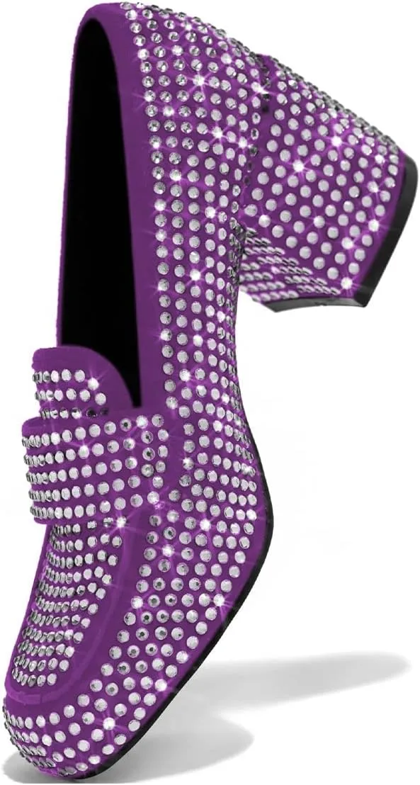 YDN Women Square Toe Studded Pumps Block Low Heel Loafers Rhinestone Shinning Dance Party Shoes Size 4-15 US
