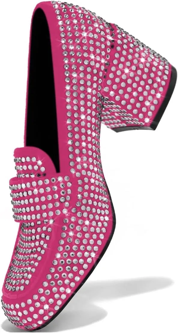 YDN Women Square Toe Studded Pumps Block Low Heel Loafers Rhinestone Shinning Dance Party Shoes Size 4-15 US