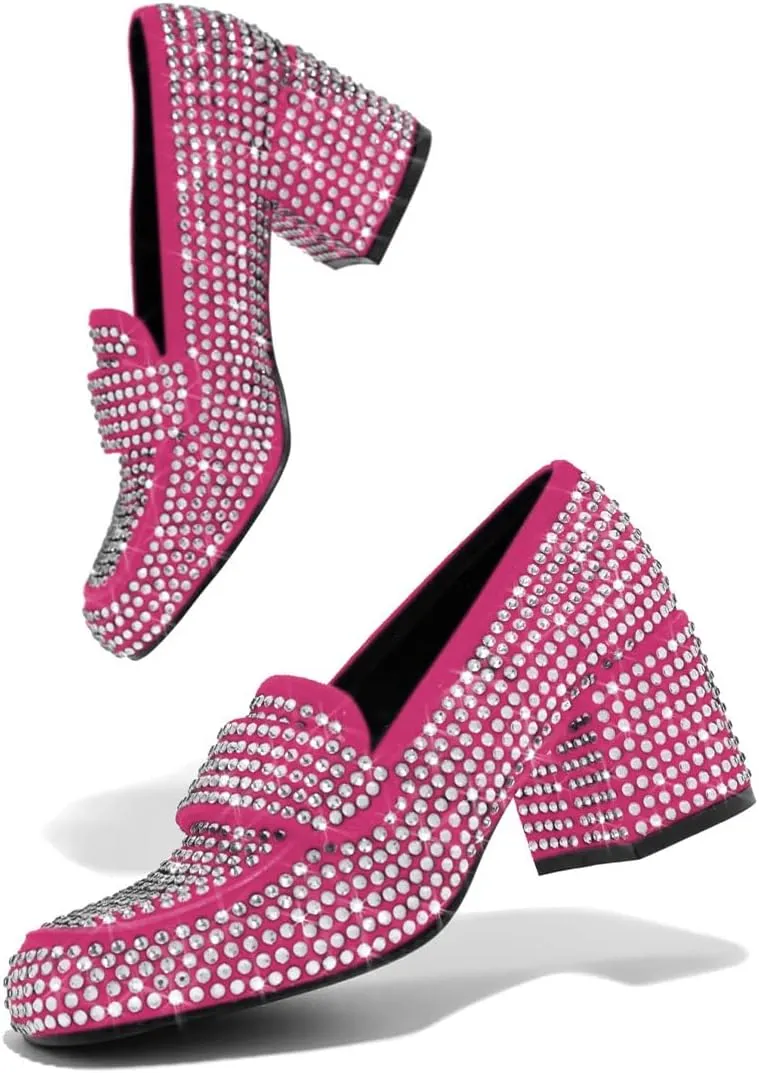 YDN Women Square Toe Studded Pumps Block Low Heel Loafers Rhinestone Shinning Dance Party Shoes Size 4-15 US