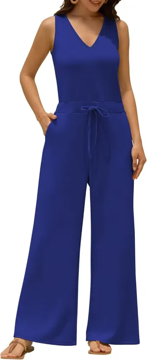 ZAFUL Womens Jumpsuits Summer 2025 Casual One Piece Outfits V Neck Sleeveless Wide Leg Long Pants Rompers with Pockets