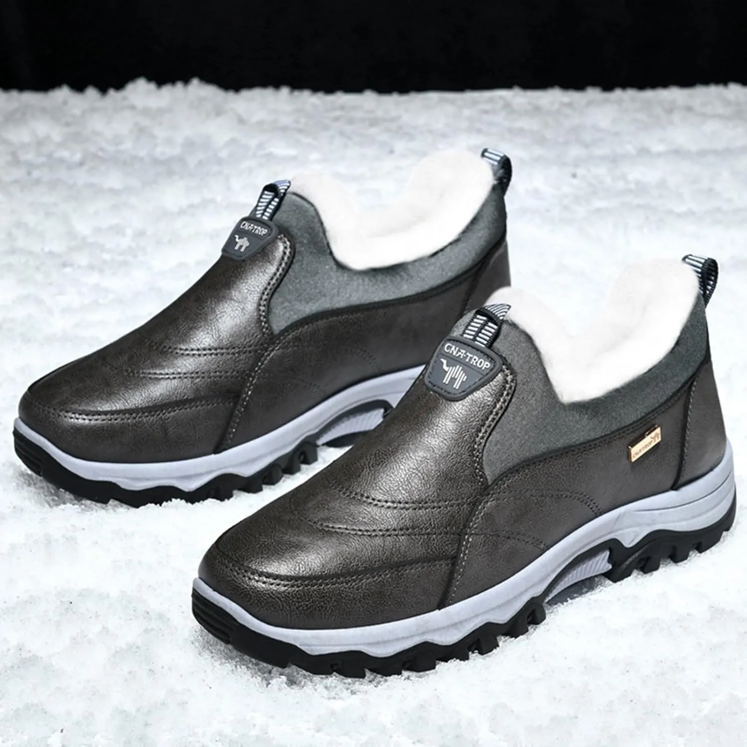 Zeberfi Men's Warm Fur Lined Slip On Snow Boots Winter Casual Trekking Anti-Slip Waterproof Backpacking Leather Booties Lightweight Outdoor Walking Hiking Loafers