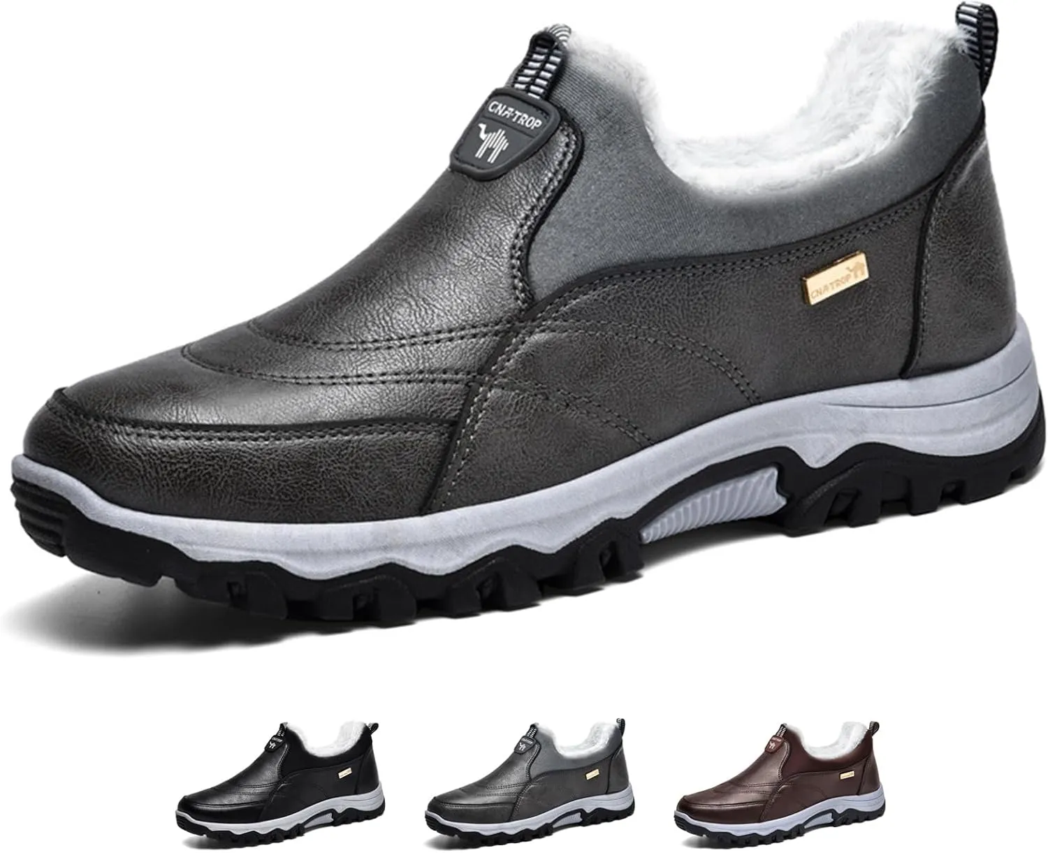Zeberfi Men's Warm Fur Lined Slip On Snow Boots Winter Casual Trekking Anti-Slip Waterproof Backpacking Leather Booties Lightweight Outdoor Walking Hiking Loafers
