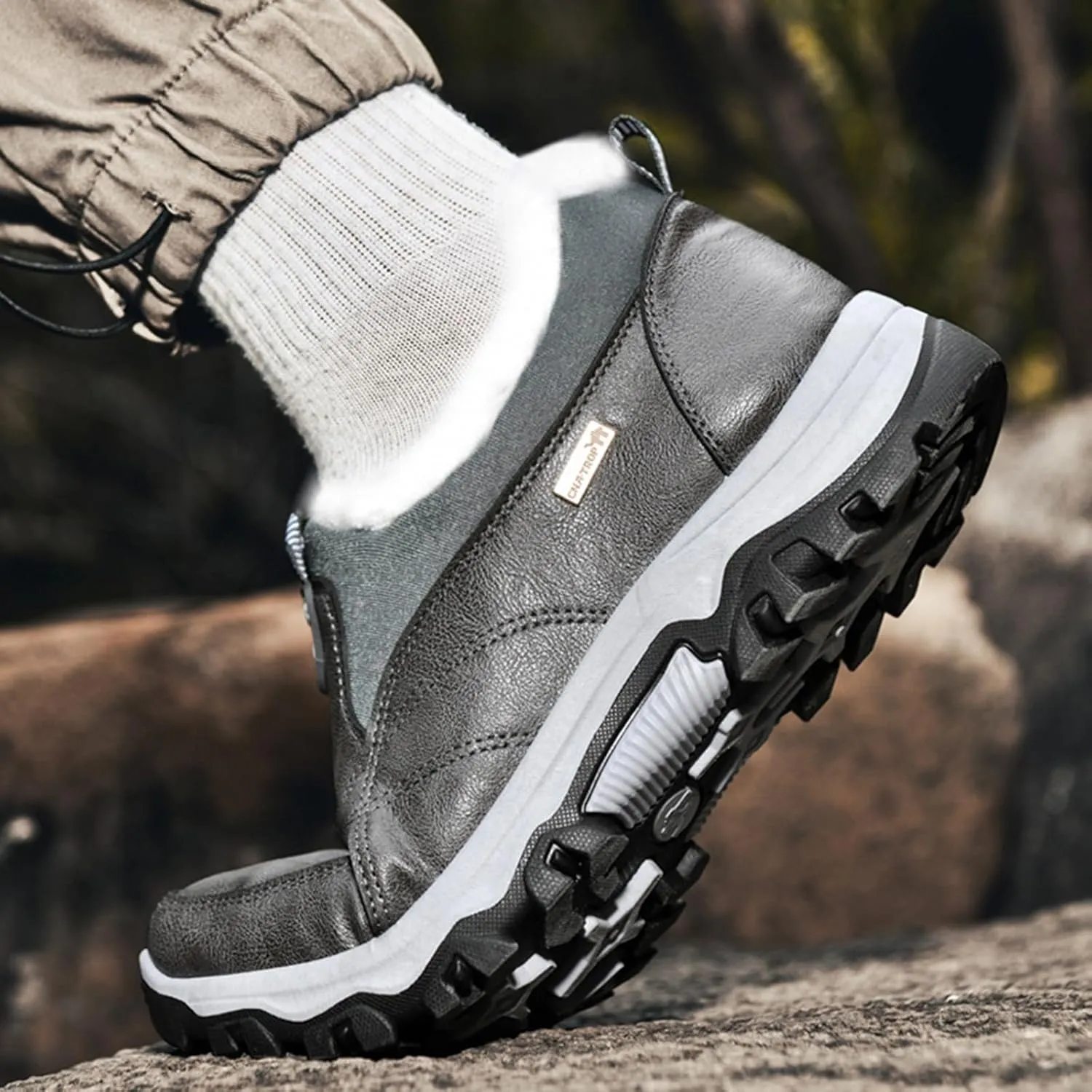 Zeberfi Men's Warm Fur Lined Slip On Snow Boots Winter Casual Trekking Anti-Slip Waterproof Backpacking Leather Booties Lightweight Outdoor Walking Hiking Loafers